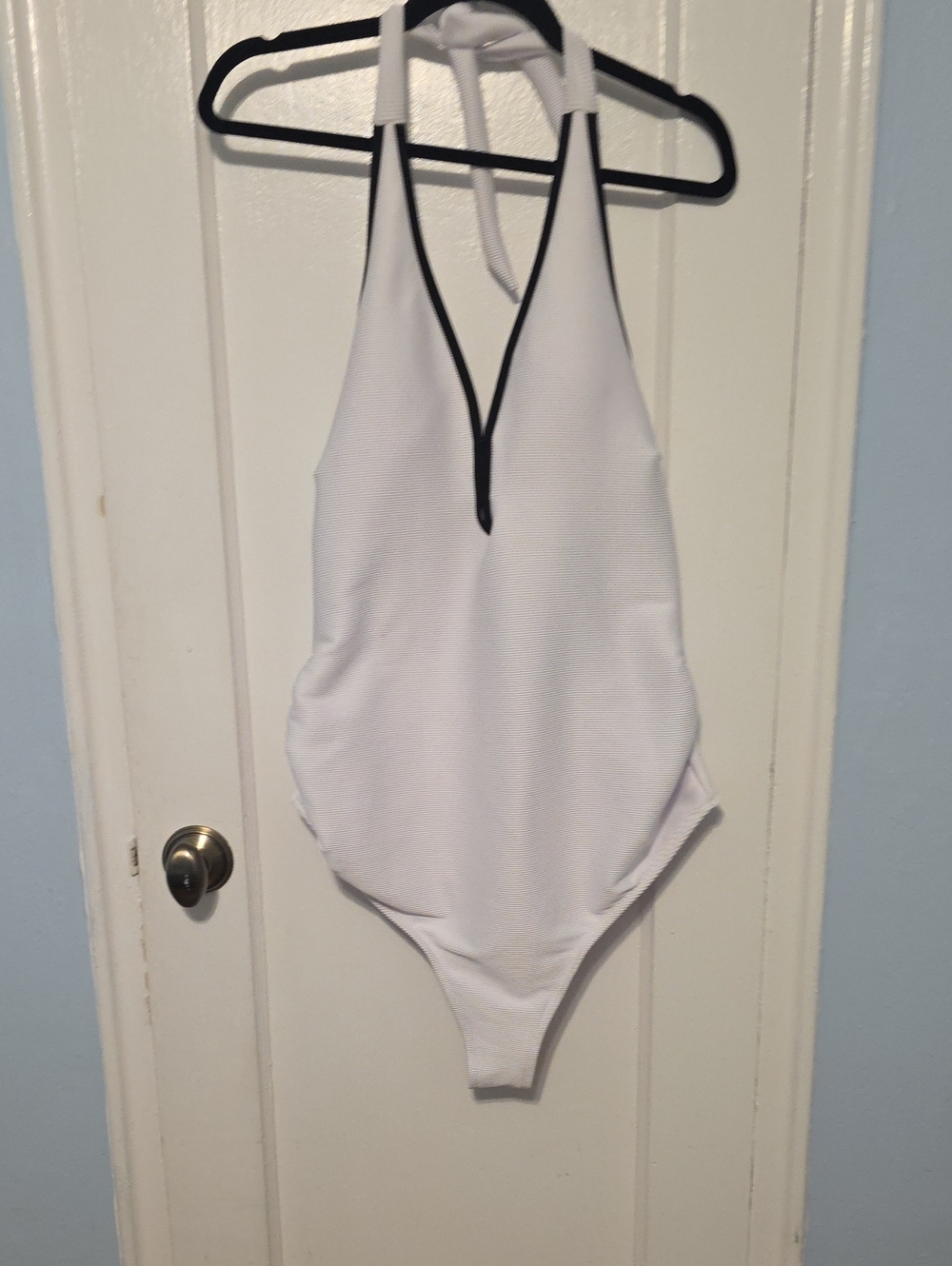 White One-Piece Halter Swimsuit with Black Piping